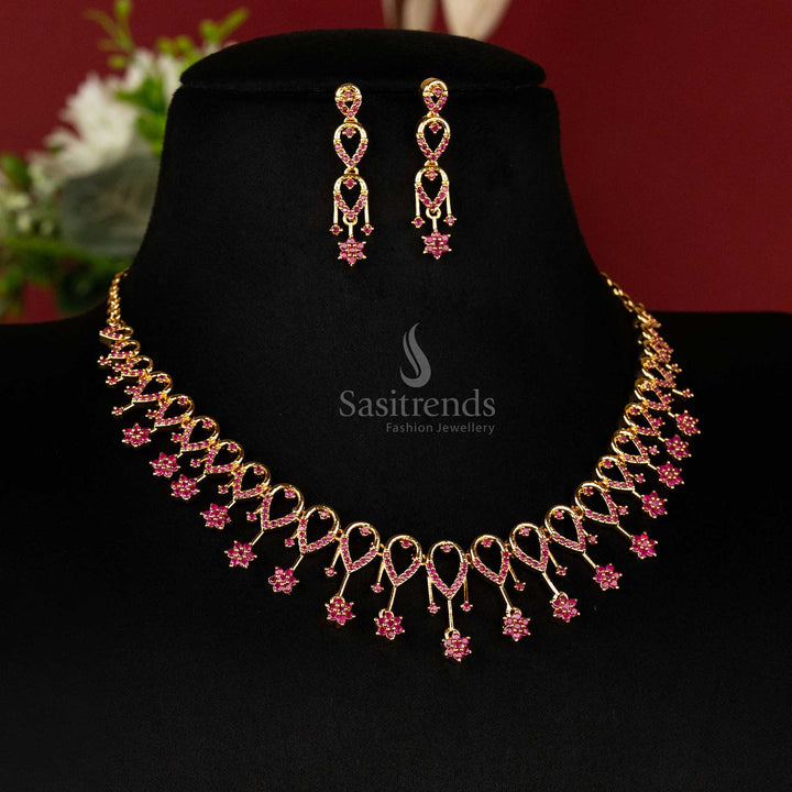 One gram micro gold plated floral loop jewellery set with ruby-colored stones - Sasitrends