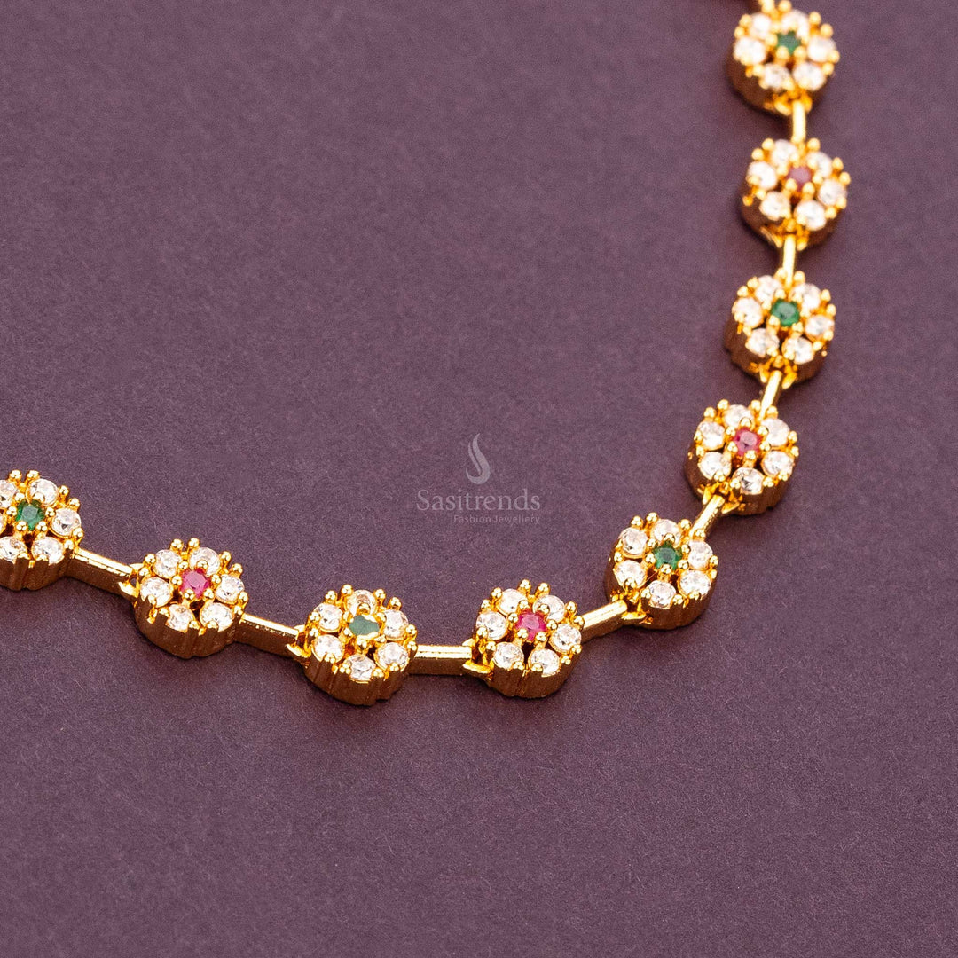 Guaranteed micro gold plated floral design american diamond stone stud necklace
