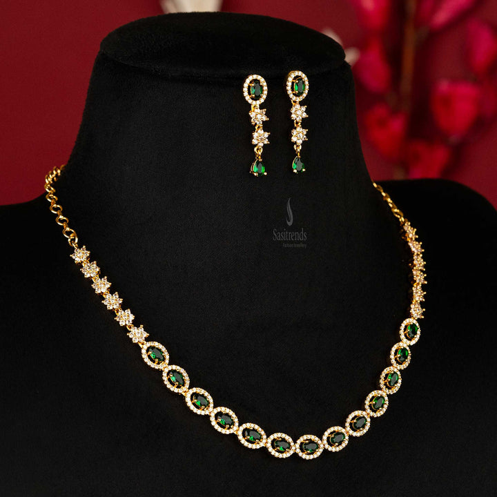Sasitrends | Elegant American Diamond Necklace Jewellery Set with Flower and Oval Stone Accents - Micro Gold Plated