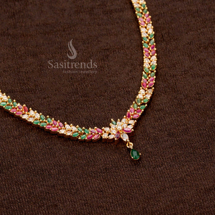 High-Quality American Diamond Floral Vine Necklace for Saree Wear and Temple Wear, Marquise Stone Structure – Sasitrends