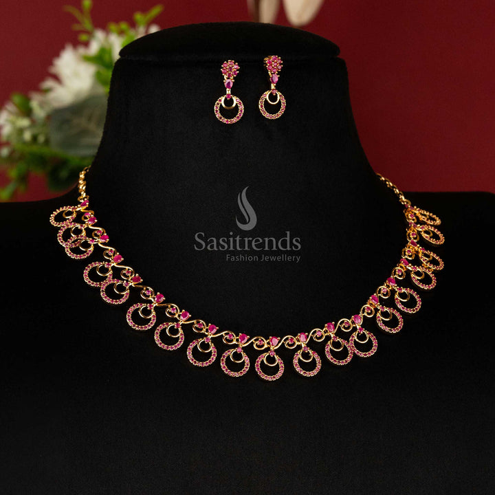 Elegant one gram micro gold plated circular pattern AD stones stud necklace jewellery set, a timeless festive designer luxury creation with radiant golden glow – Sasitrends
