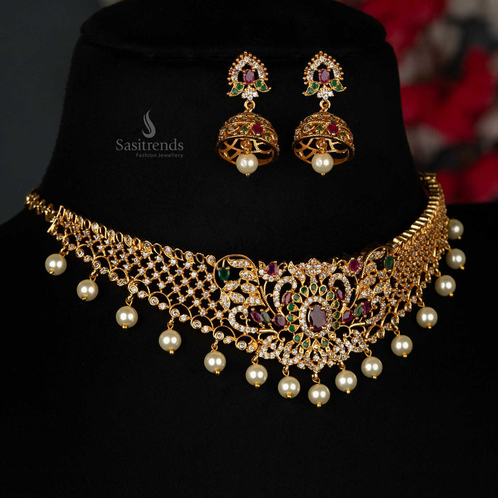 Gold plated American Diamond choker set with intricate pattern, design