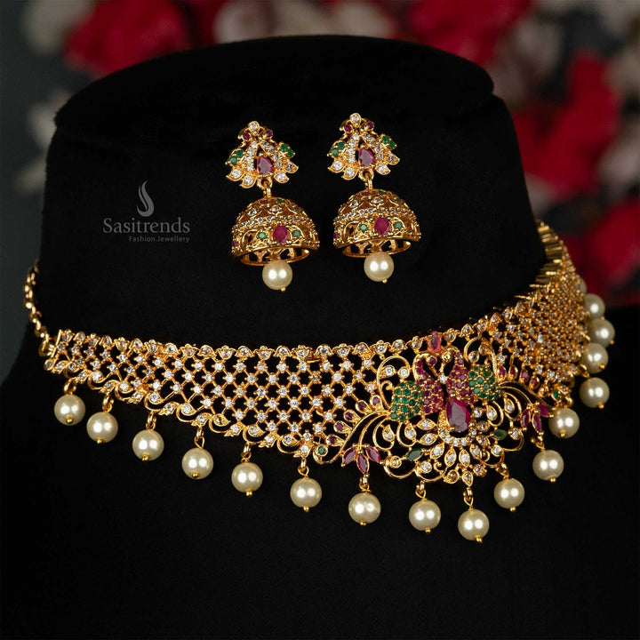 Pearl and American Diamond choker set for festivals, design