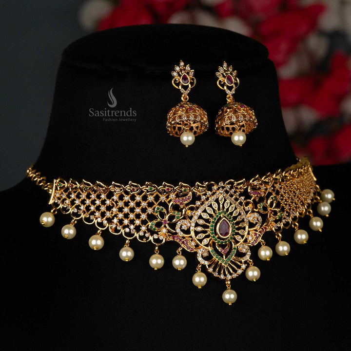 Bridal American Diamond choker set with pearls and jhumka earrings, design