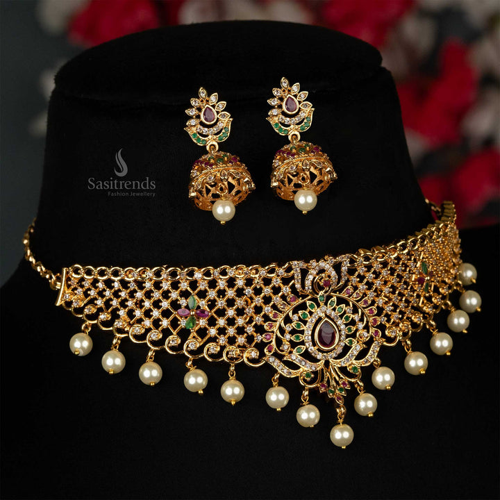 Traditional choker necklace with pearls and American Diamond stones, design