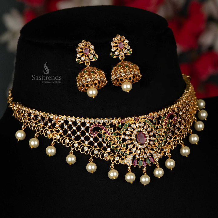 Traditional choker set with American Diamonds and hanging pearls, design