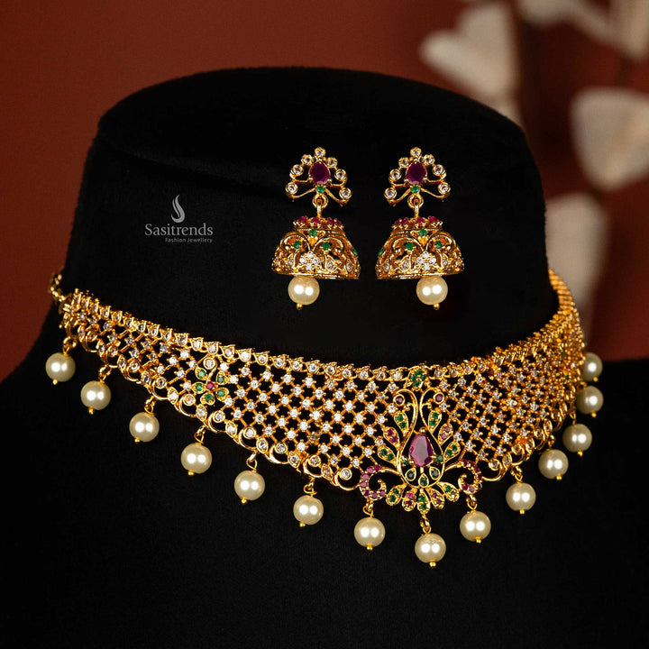 Elegant gold plated choker set for special occasions with American Diamonds, design