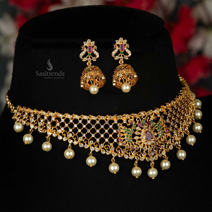 Wedding choker set with American Diamonds and golden jhumka earrings, design