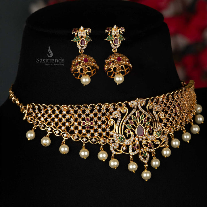American Diamond Gold Plated Choker Set with Hanging Pearls for Women