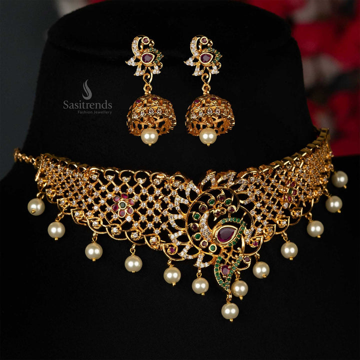 Bridal Choker Necklace with Jhumka Earrings and Pearl Drops
