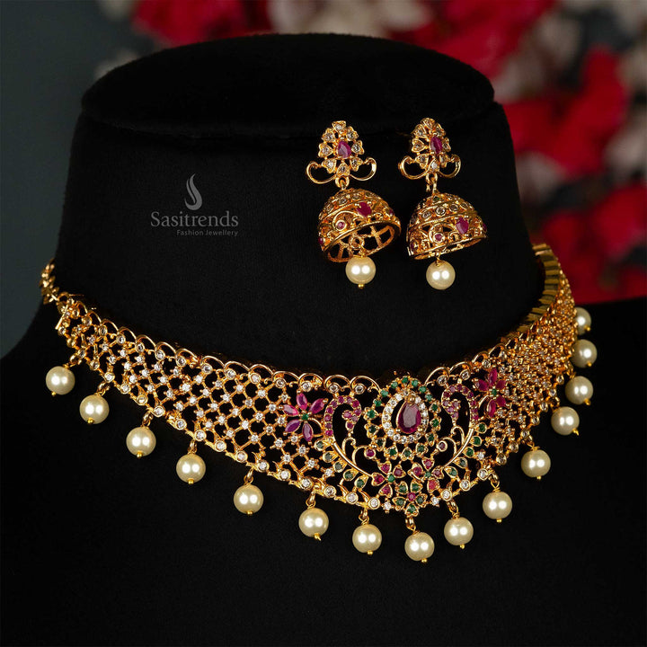 Ruby and Emerald Stone American Diamond Choker Necklace with Pearls