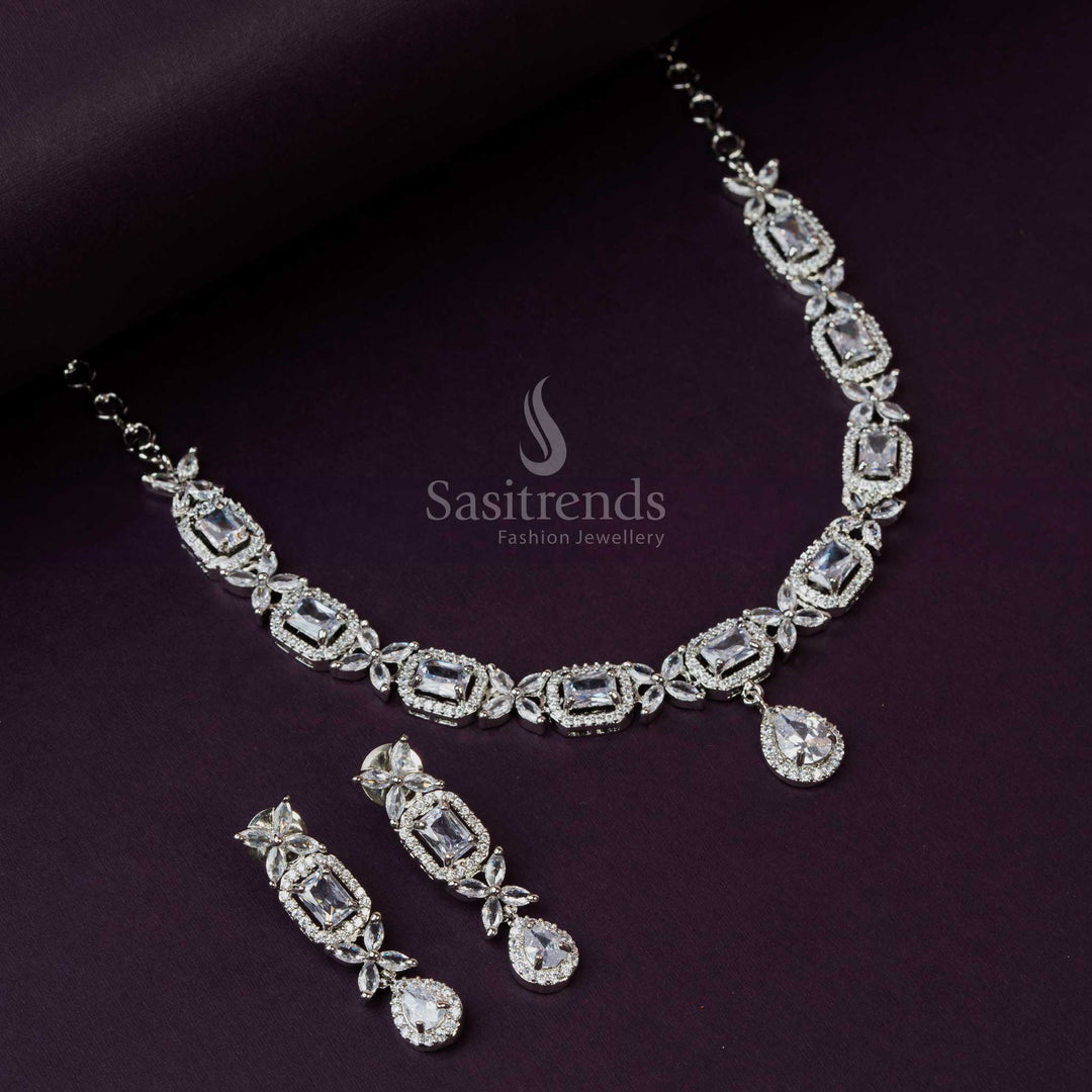 Rhodium Silver Plated Necklace Set with White American Diamond Stones - Sasitrends