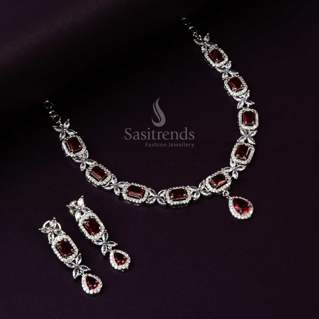 Rhodium Silver Plated Red AD Stone Necklace Set - Latest Party Wear - Sasitrends