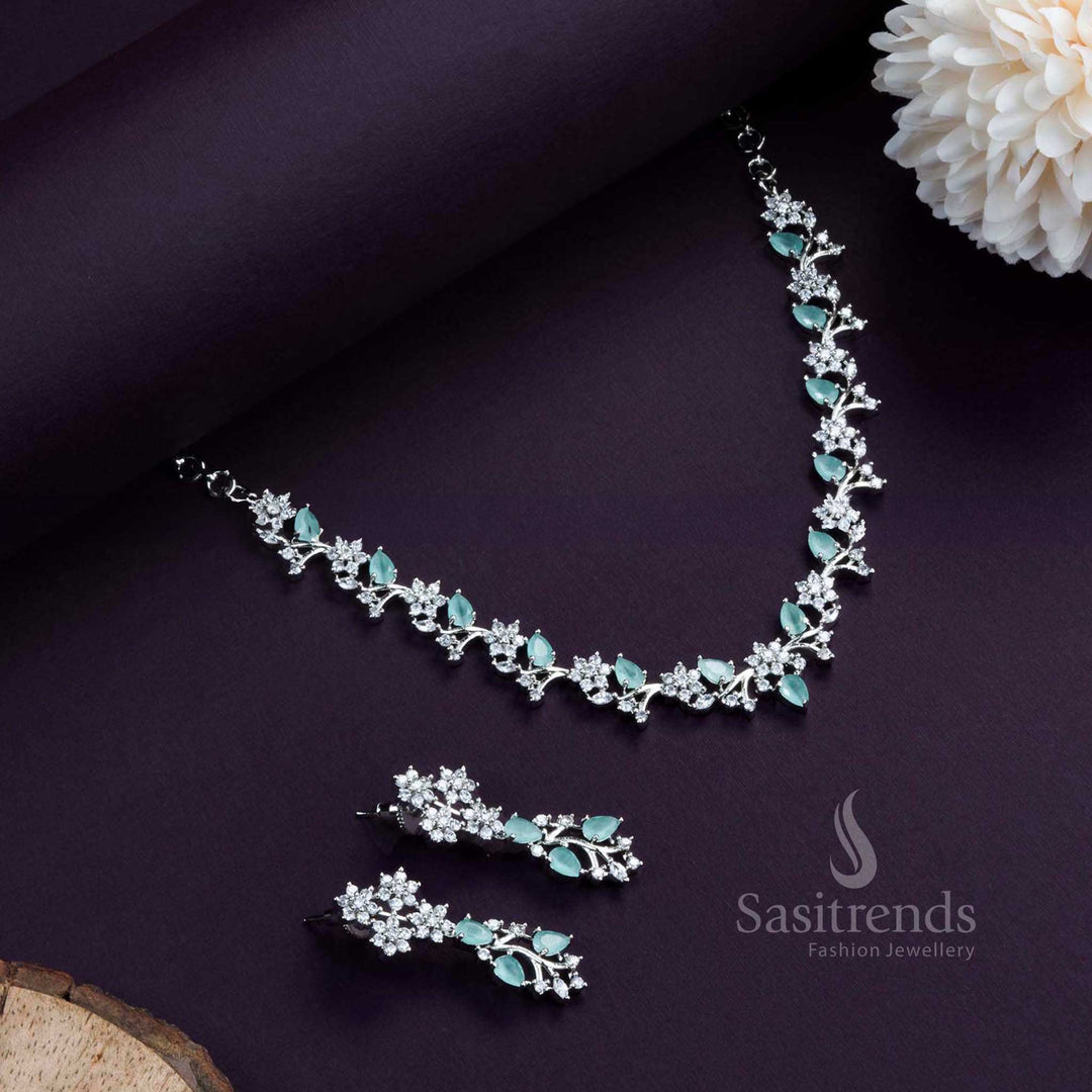 Elegant Rhodium Silver Plated Necklace Set in Mint, Featuring Stunning Floral Pattern & American Diamonds.