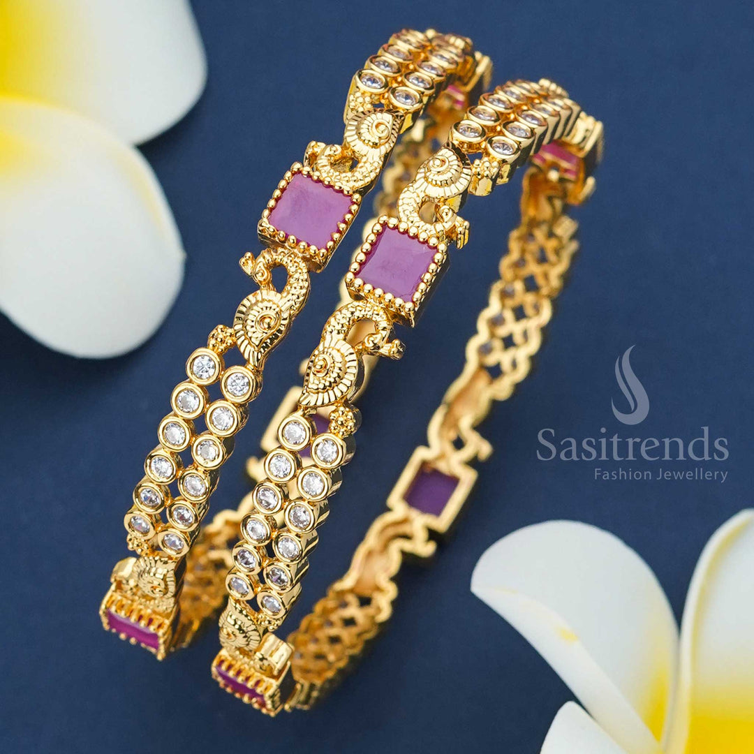 Beautiful Exquisite Ruby Peacock AD Bangles - 1 Gram Micro Gold Plated with American Diamond Stones - Sasitrends