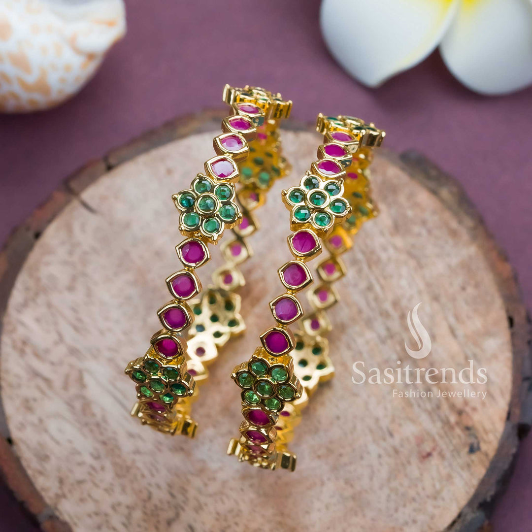 Beautiful Trendy Micro Gold Plated Bangles with Floral Pattern and American Diamond White Ruby Stone Motifs - Sasitrends