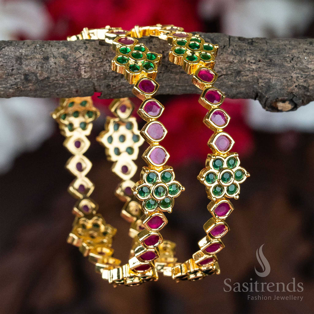 Trendy Micro Gold Plated Bangles with Floral Pattern and American Diamond White Ruby Stone Motifs – Exquisite and Elegant Jewellery - Sasitrends