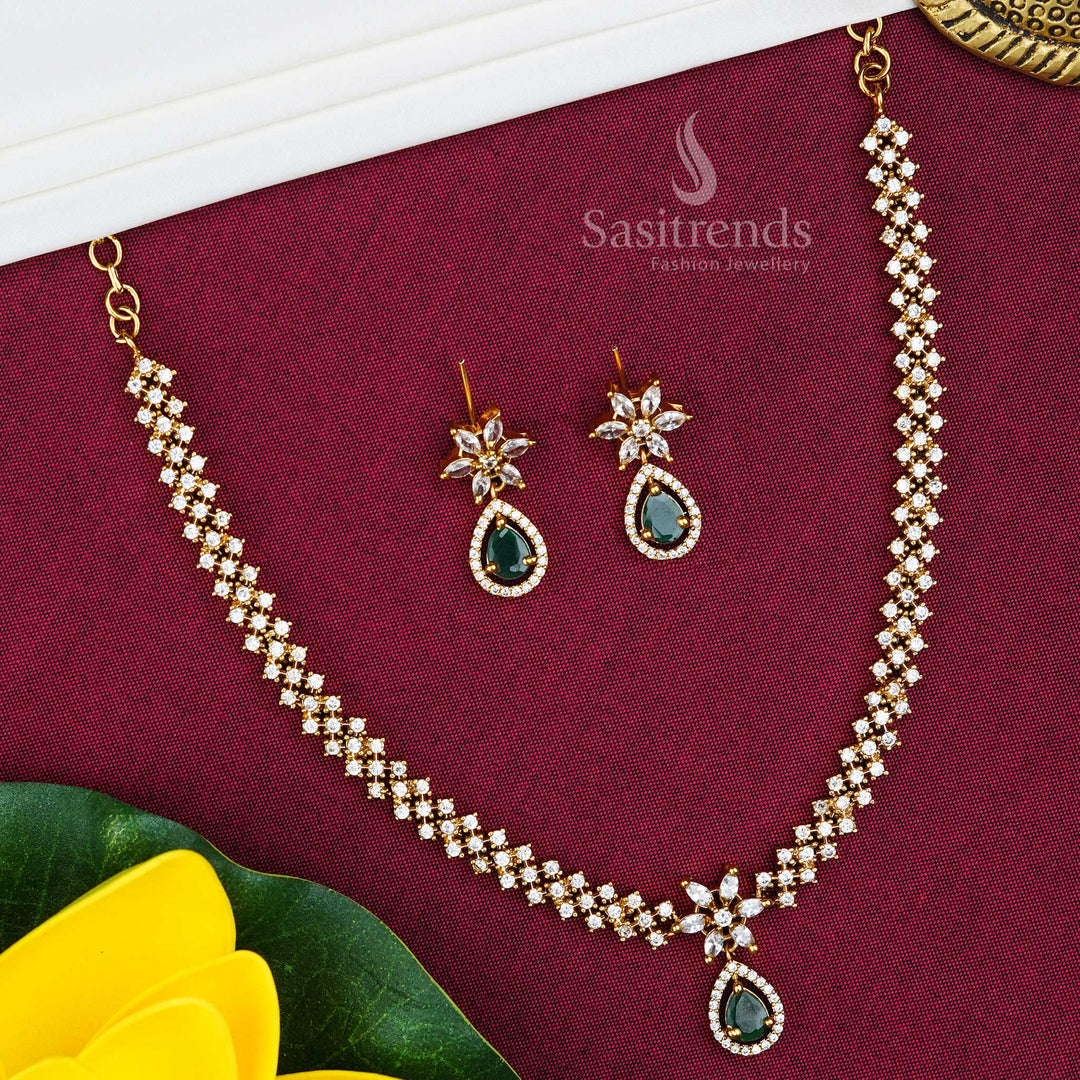 Elegant white-green matte gold plated jewellery set with princess-inspired design and shimmering American diamond sparkle, perfect for ethnic occasions – Sasitrends