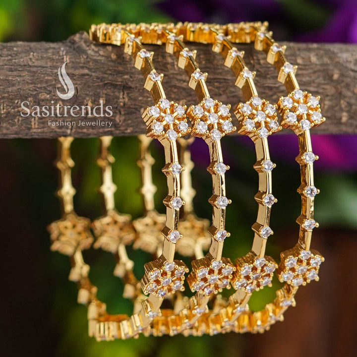 New Floral Motif American Diamond Stones Traditional Bangles Set | 1 Gram Micro Gold Plated | Sasitrends