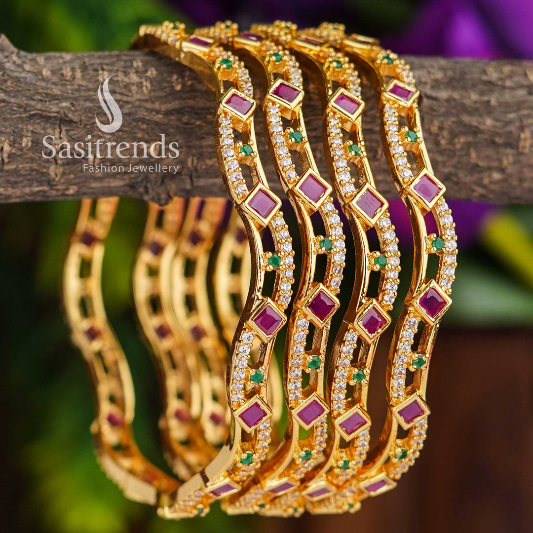 New Multi-Colour Bangle Set with Ruby Stones & Micro Gold Plating - Latest AD Design