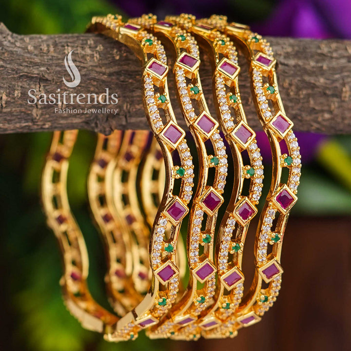 Trendy Two-Layer Micro Gold Plated Bangles Set with Ruby Stones | American Diamond Studded