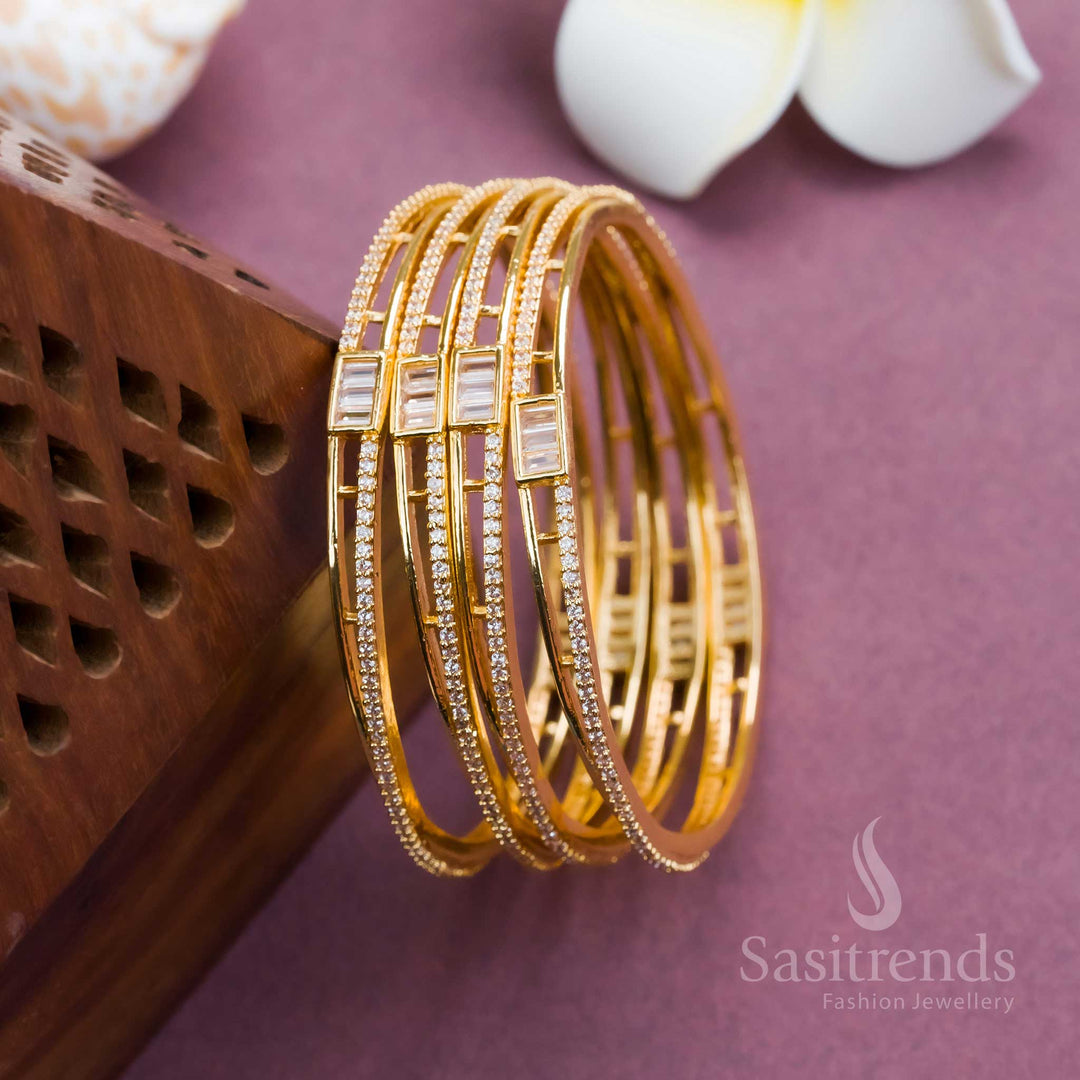 Gorgeous Micro Gold Plated White AD Bangles Set – 4 Pieces Floral American Diamond Design – A Trendy and Elegant Jewellery Piece for Women - Sasitrends