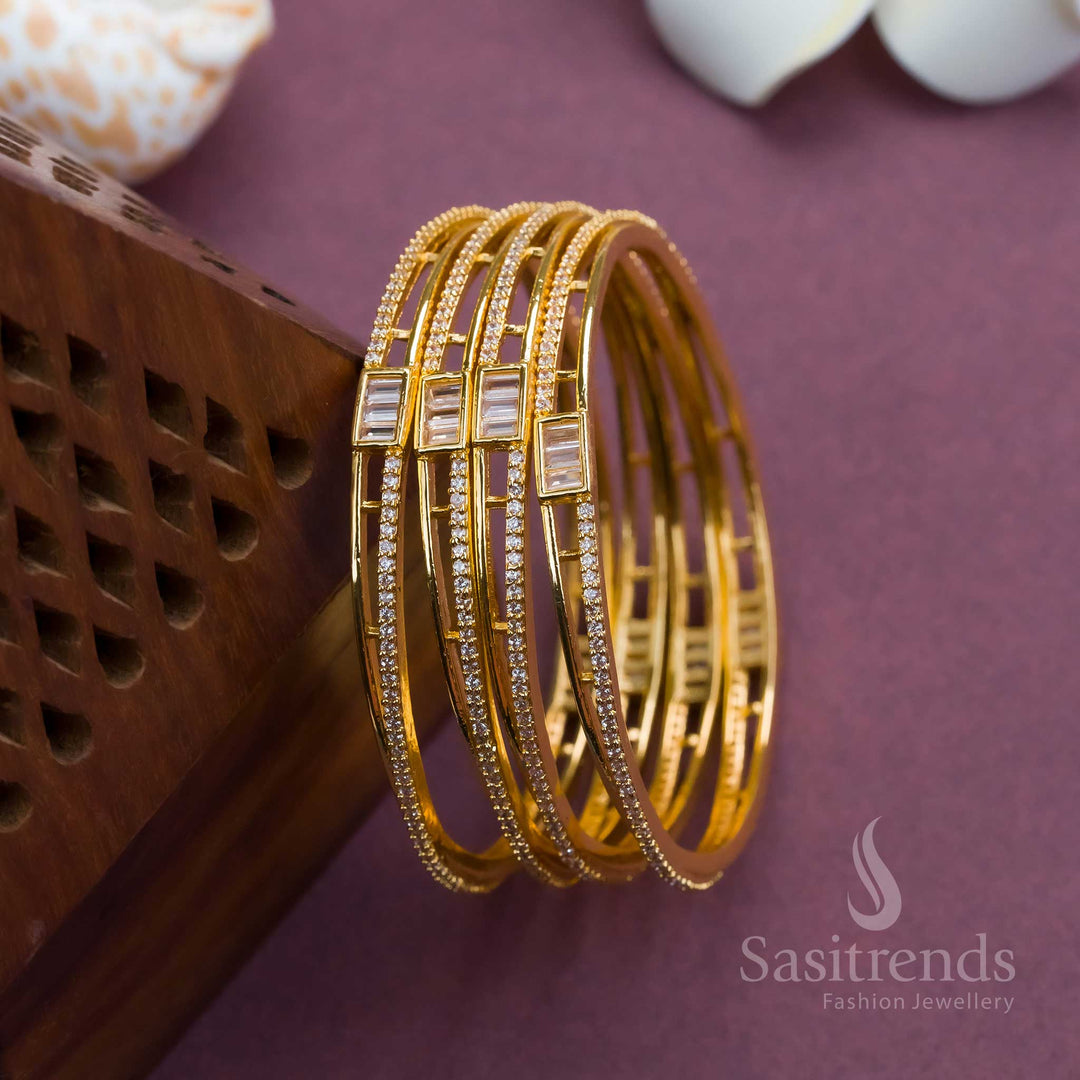 Attractive Micro Gold Plated White AD Bangles Set – 4 Pieces Floral American Diamond Work – A Luxurious and Designer Jewellery Piece for Women - Sasitrends