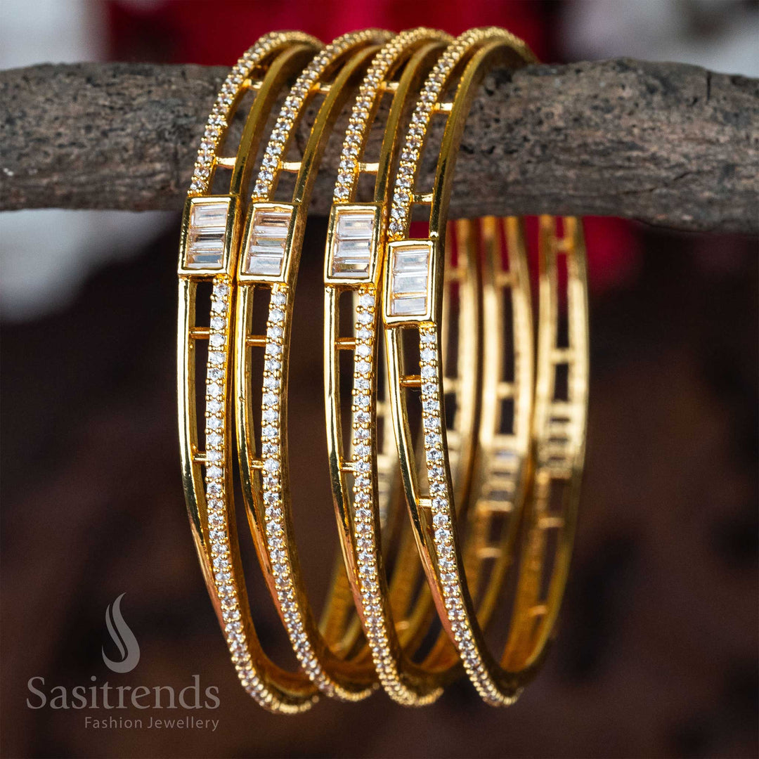 Stunning Micro Gold Plated White AD Bangles Set – 4 Pieces Floral American Diamond Stones – A Fashionable and Timeless Jewellery Choice for Women - Sasitrends