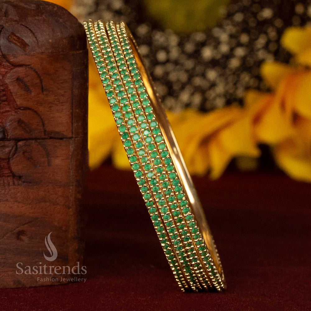Majestic traditional green stone round bangles with micro gold plating and shimmering AD sparkle – stunning one gram jewellery set for grand festive attire – Sasitrends