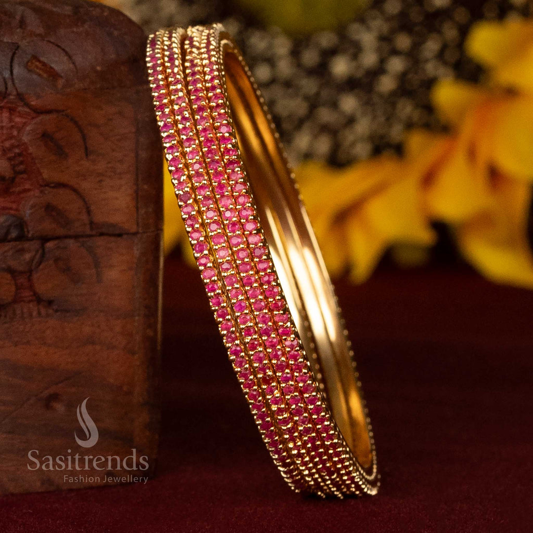 Elegant traditional ruby coloured micro gold bangles with shimmering American diamonds in a polished round stone finish – graceful one gram jewellery set for festive ethnic looks – Sasitrends