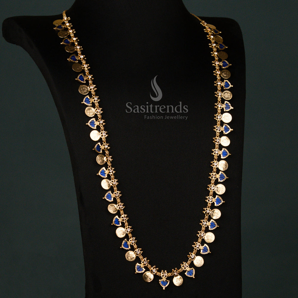 Vintage Blue Kerala Palakka Lakshmi Coin Long Necklace – Micro Gold Plated One Gram Flexible Chain Timeless Traditional Wedding Jewellery for Regal Festive Look - Sasitrends