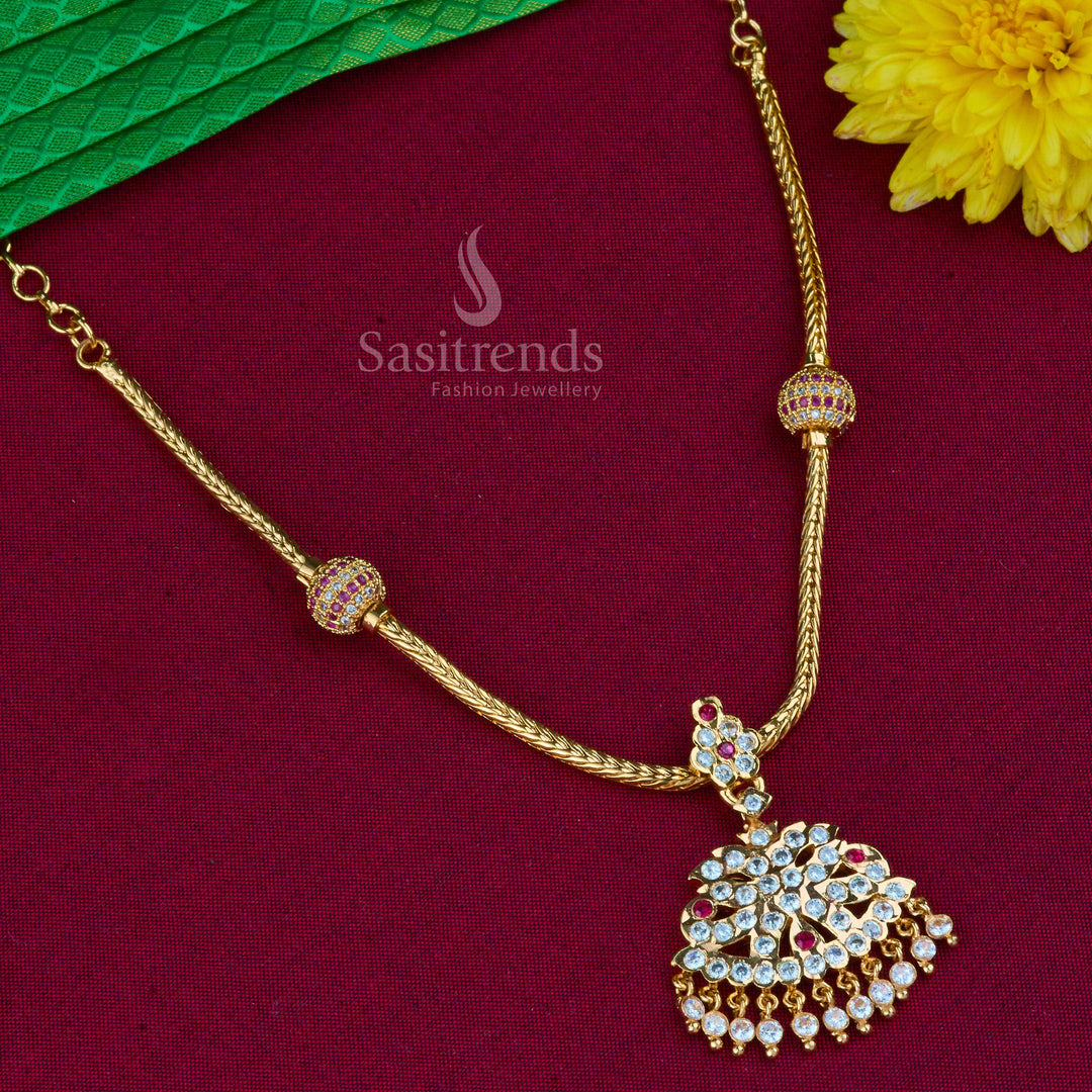 Elegant micro gold plated traditional Attigai necklace featuring American diamond stones, designed in classic South Indian temple style jewellery for divine cultural charm – Sasitrends