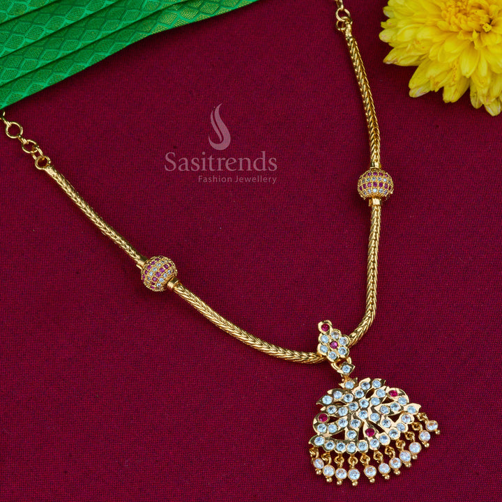 Elegant micro gold plated traditional Attigai necklace featuring American diamond stones, designed in classic South Indian temple style jewellery for divine cultural charm – Sasitrends