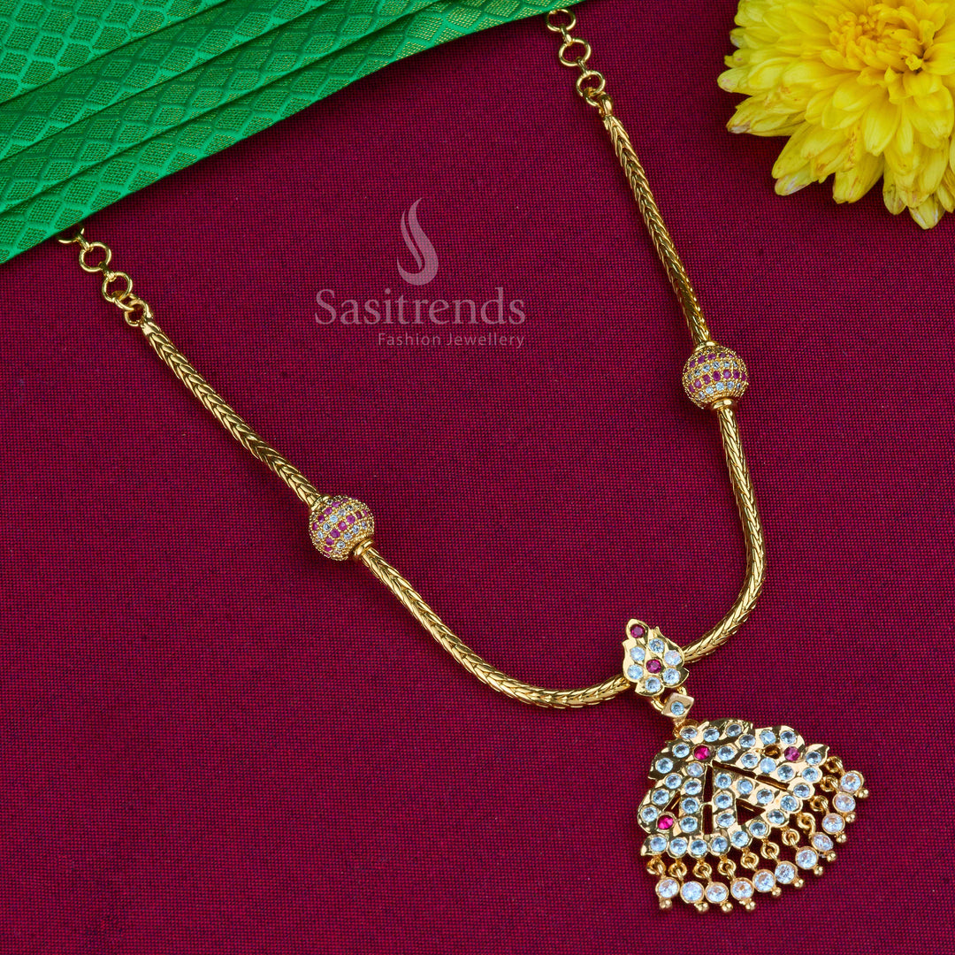 Regal Attigai necklace crafted in micro gold polish with sparkling AD stones, ideal for bridal wear and heritage jewellery fashion during weddings and festivals – Sasitrends