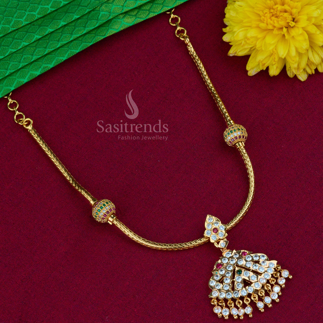Traditional micro gold plated Attigai necklace with American diamond highlights and subtle pearl detailing, made for cultural festive jewellery style and ethnic elegance – Sasitrends