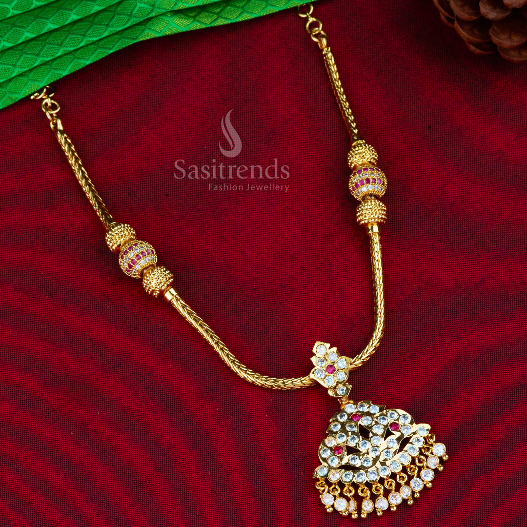 Auspicious Attigai necklace in micro gold with sparkling American diamonds and intricate temple-style designs, crafted for festive traditional jewellery wear and spiritual celebrations – Sasitrends