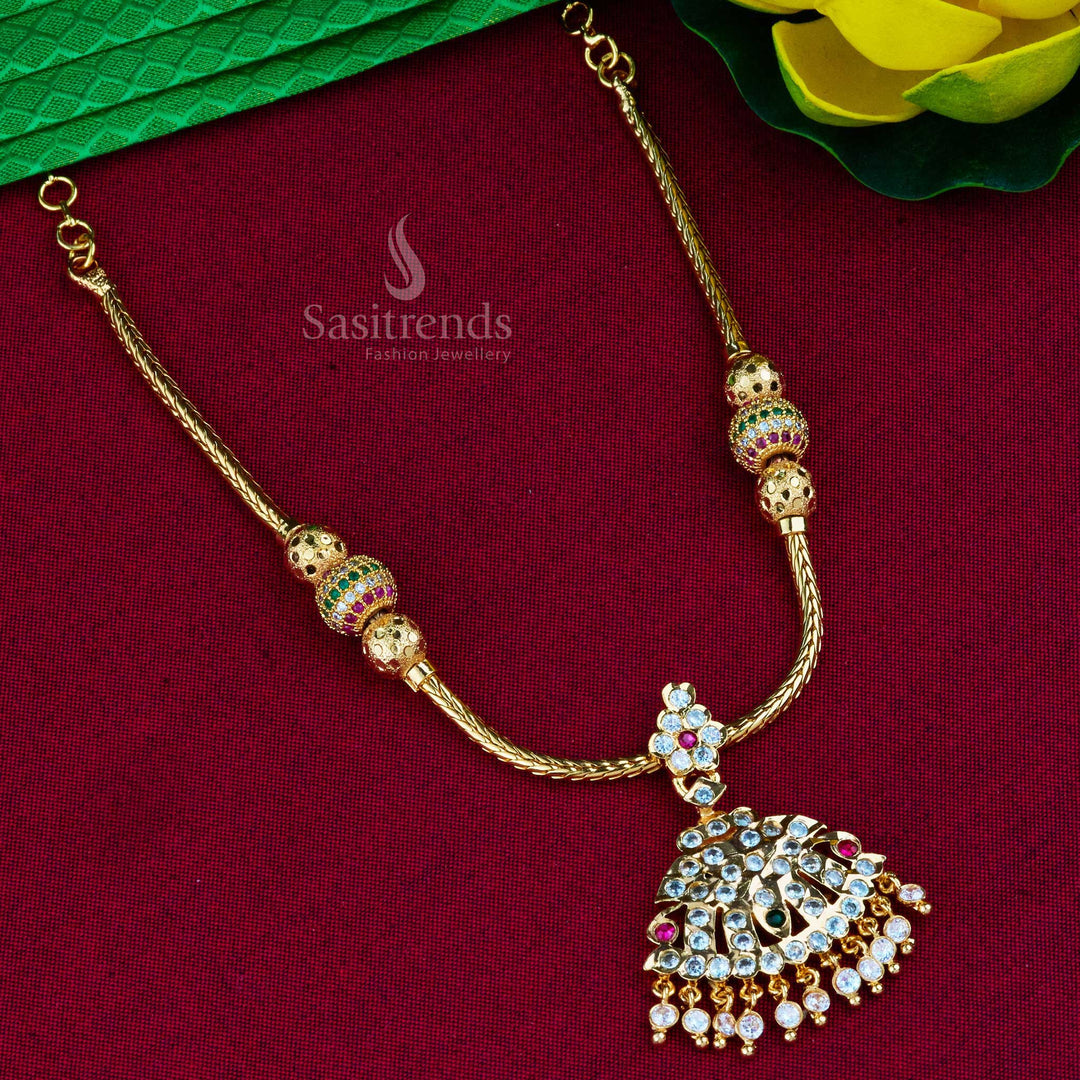 Heritage-style traditional Attigai necklace in micro gold polish with royal AD stone work, perfect for bridal jewellery and cultural rituals where timeless grace matters most – Sasitrends