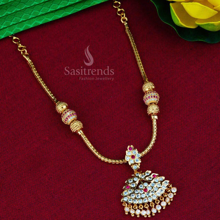 Majestic micro gold plated Attigai necklace adorned with sparkling American diamond gemstone detailing, radiating divine temple-inspired ethnic jewellery elegance for sacred celebrations – Sasitrends