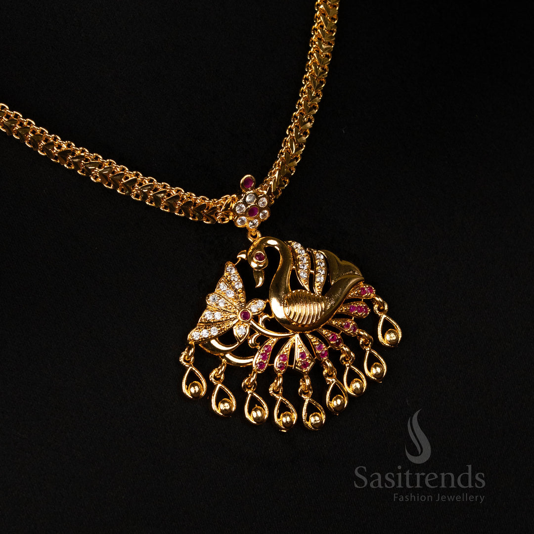 High-Quality Impon Addigai Micro Gold Plated Necklace with Peacock Design & Teardrop Embellishments - Sasitrends
