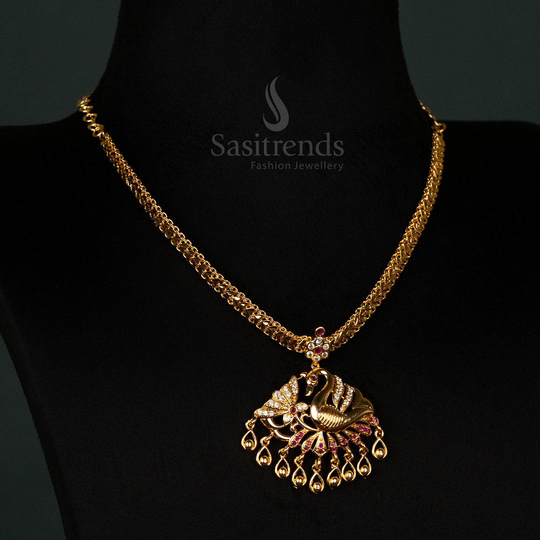 High-Quality Impon Addigai Micro Gold Plated Necklace with Peacock Design & Teardrop Embellishments - Sasitrends