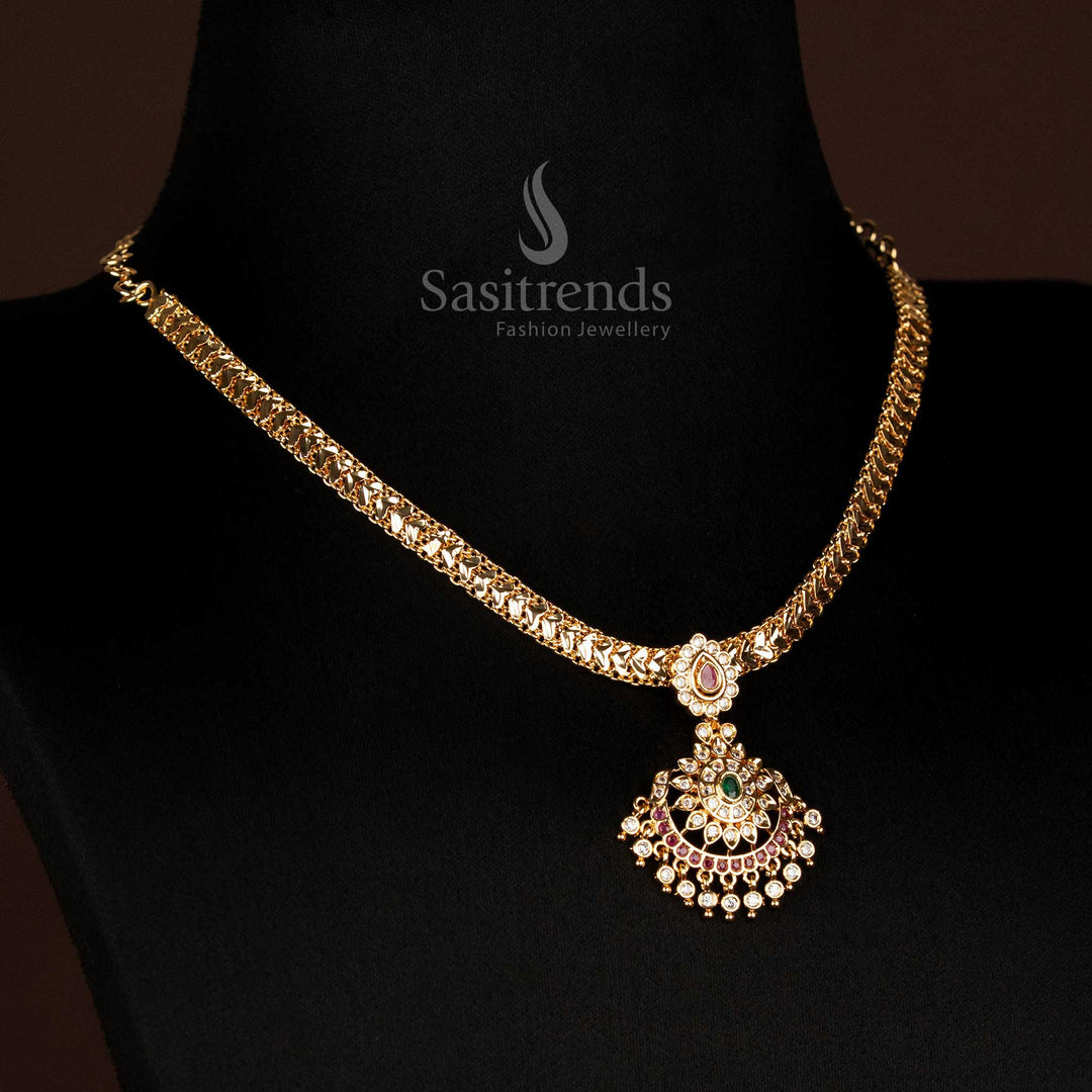 Full view of the elegant Micro Gold Plated Impon Addigai Pendant Heart Chain Necklace, displaying its traditional design and graceful drape.