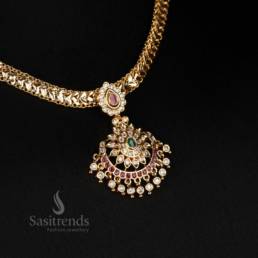 Close-up of richly detailed Micro Gold Plated Impon Addigai pendant with sparkling ADs, accent stones, and delicate drops on a heart chain, SKU 2250E.