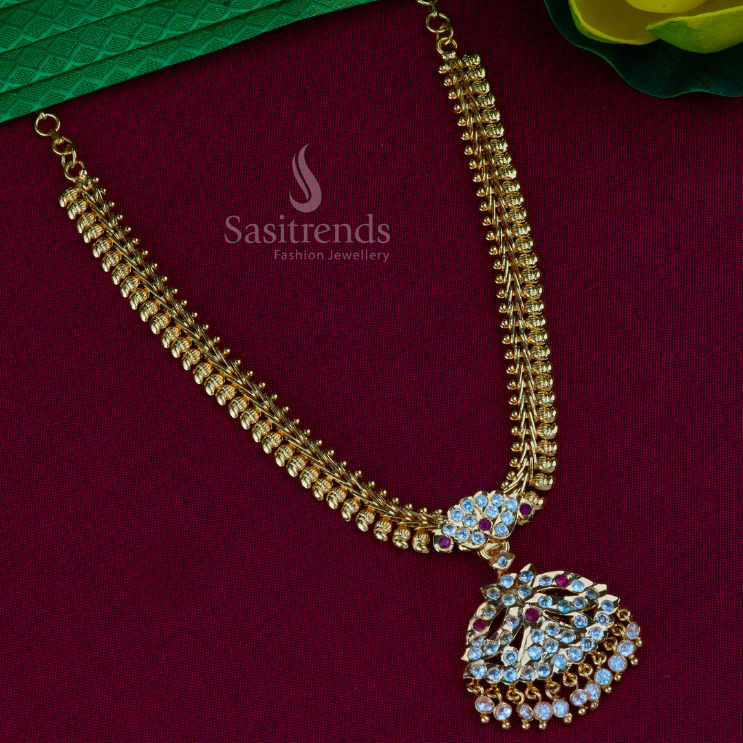 Grand mango design Attigai necklace in radiant micro gold polish, embellished with sparkling American diamonds, exuding traditional South Indian bridal jewellery glory for weddings and rituals – Sasitrends