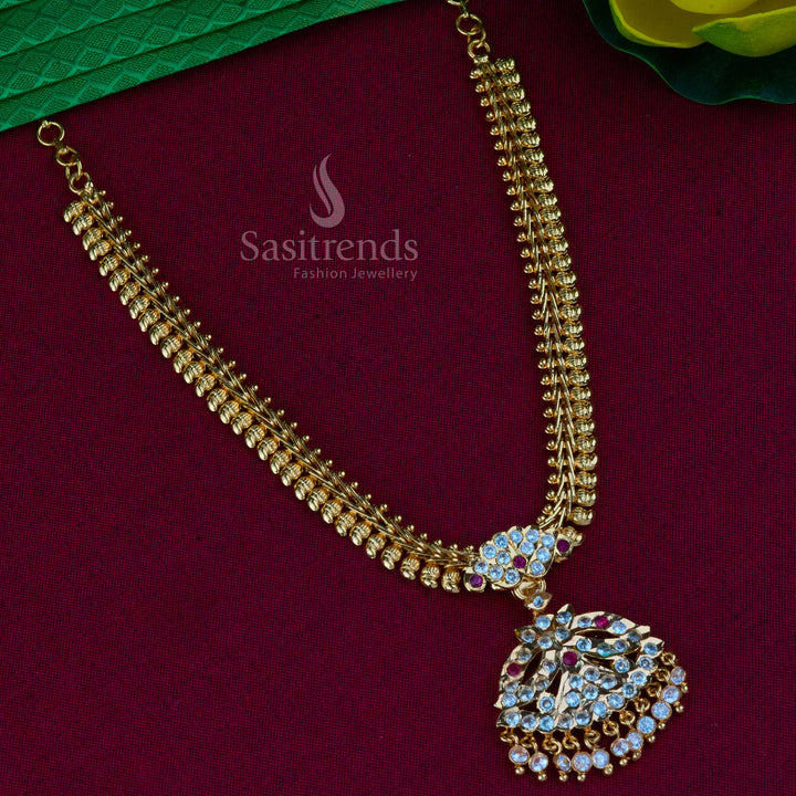 Grand mango design Attigai necklace in radiant micro gold polish, embellished with sparkling American diamonds, exuding traditional South Indian bridal jewellery glory for weddings and rituals – Sasitrends