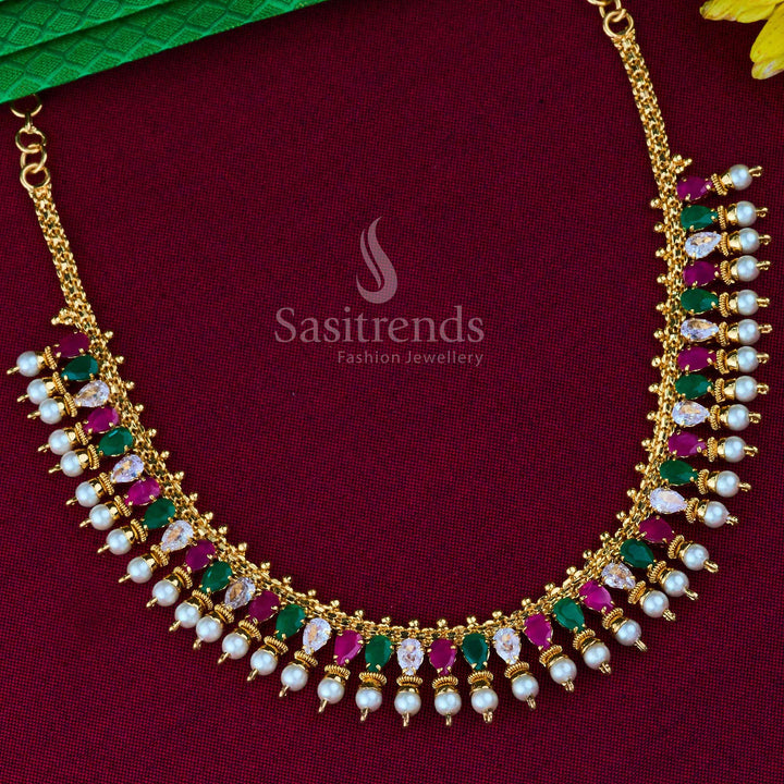 Vibrant multi-colour micro gold plated Thilak motif necklace enhanced with shimmering American diamonds, perfect for festive party wear and traditional jewellery beauty – Sasitrends