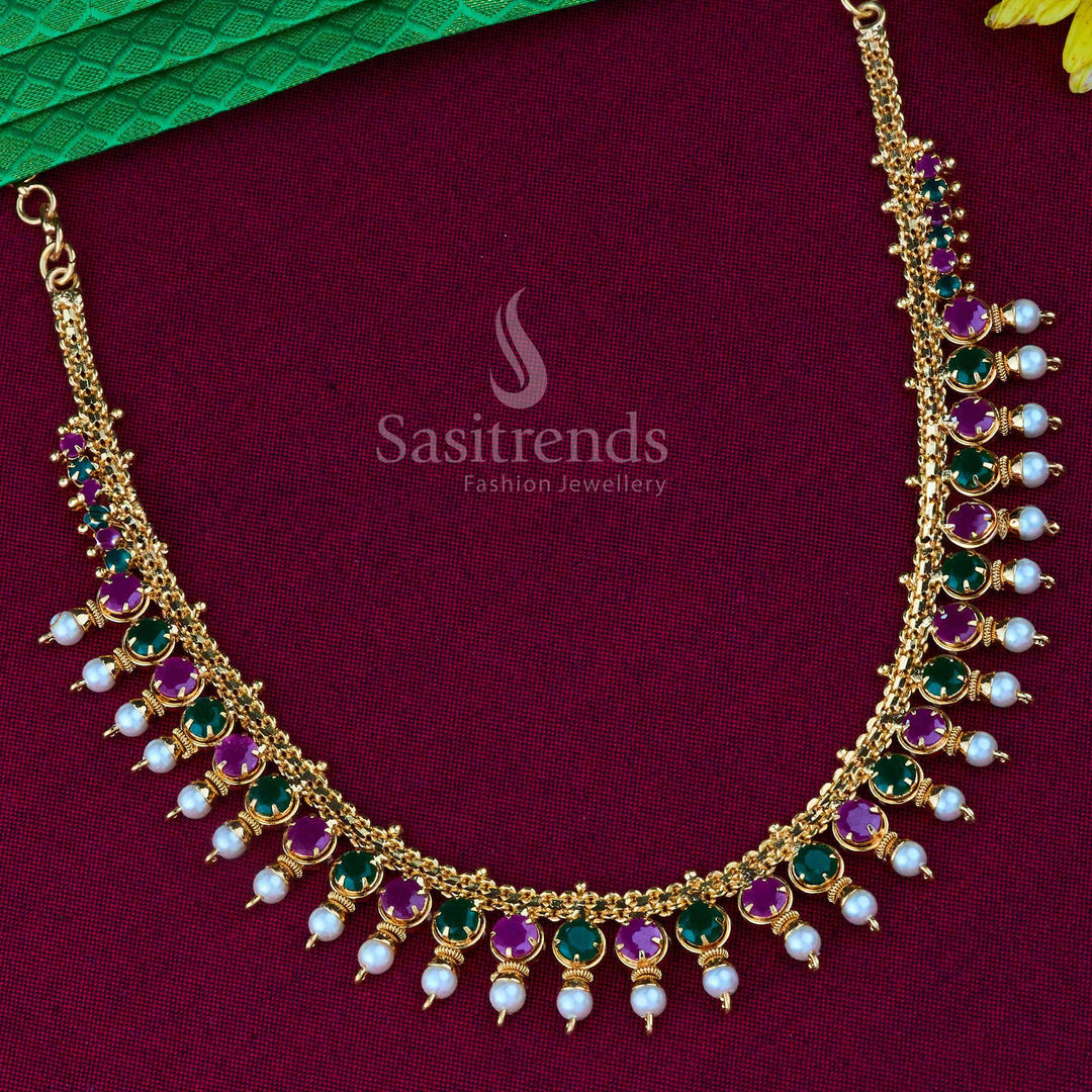 Traditional ruby-green pearl necklace featuring micro gold plated finish and shimmering American diamonds, designed for an elegant festive jewellery look with cultural essence – Sasitrends