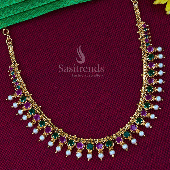 Traditional ruby-green pearl necklace featuring micro gold plated finish and shimmering American diamonds, designed for an elegant festive jewellery look with cultural essence – Sasitrends