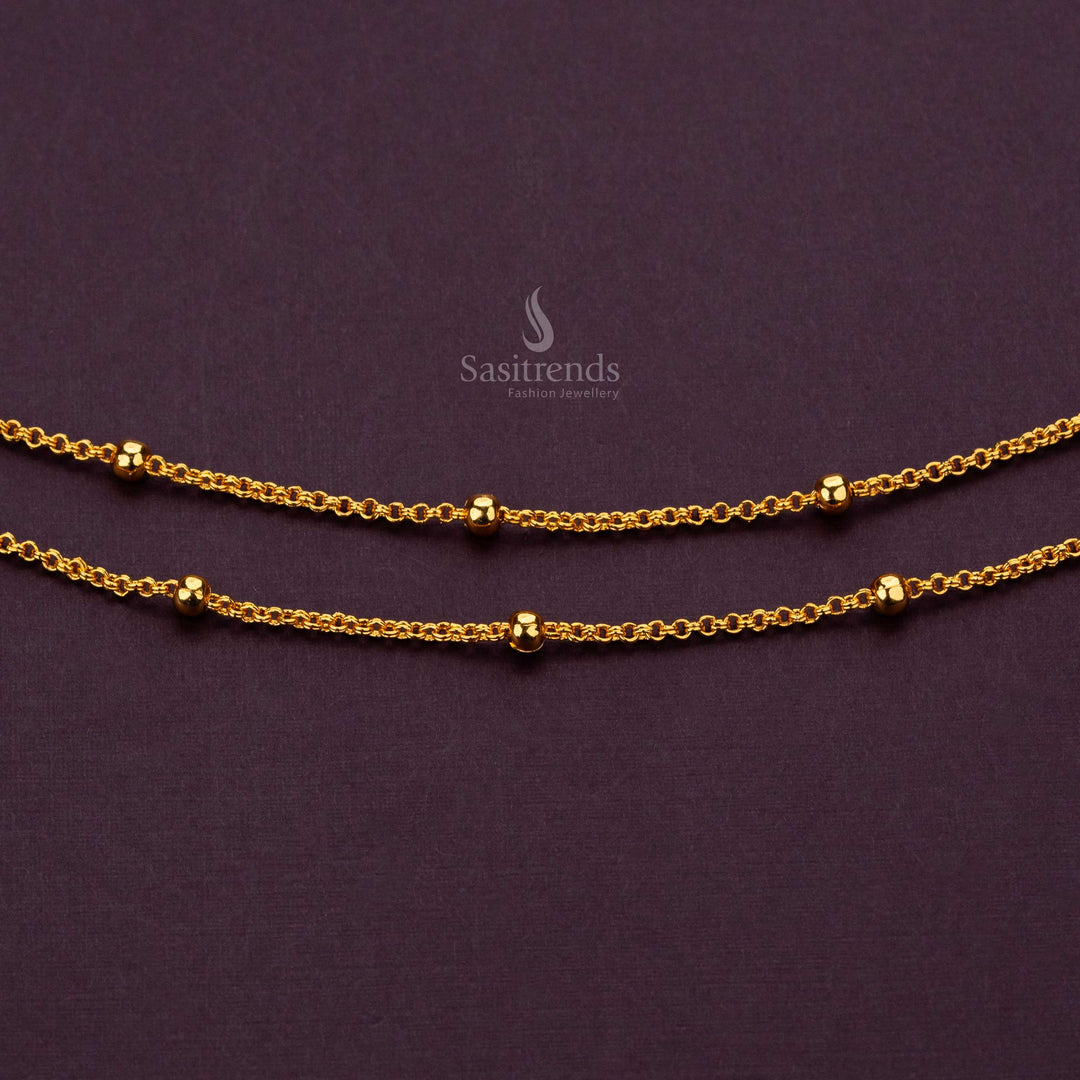 Closeup of micro gold plated anklets with durable bead design and real gold-like finish - Sasitrends