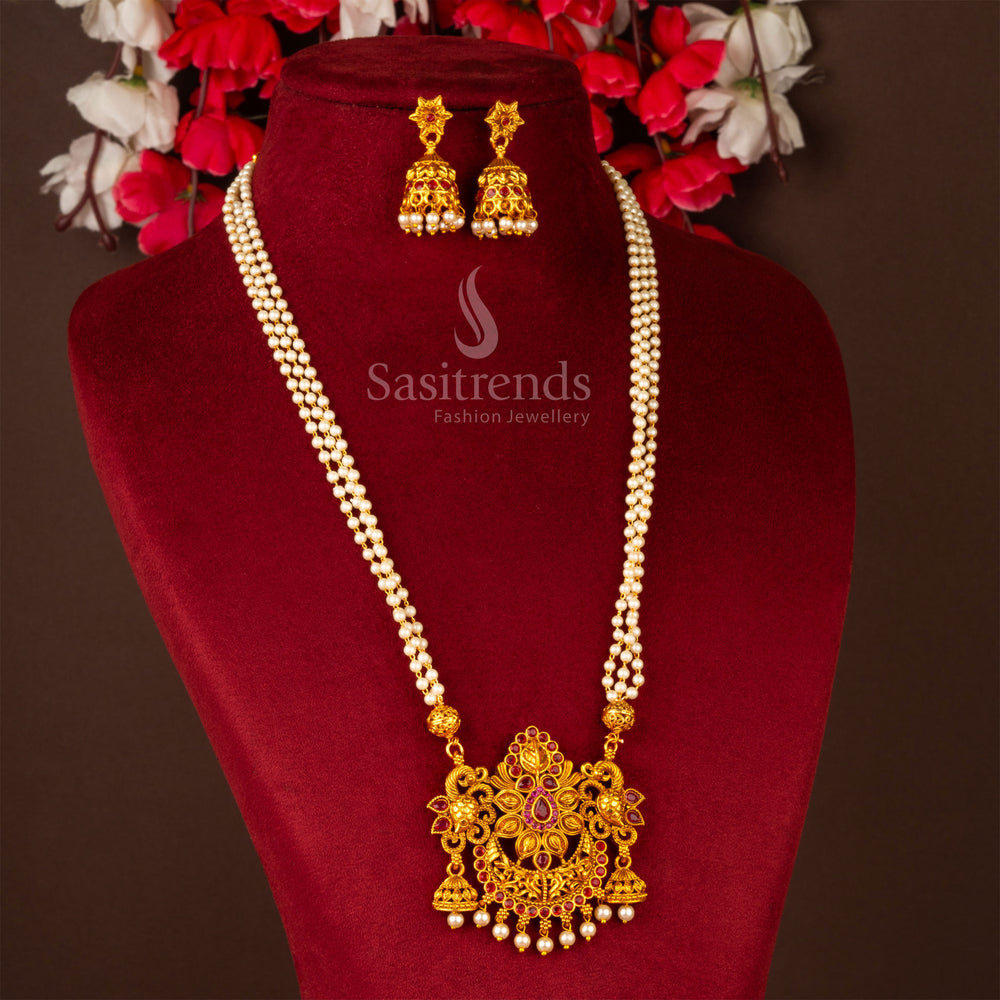 Heritage-style matte gold plated necklace jewellery set with ruby floral pendant and bold jhumkas, a graceful pick for brides and festive traditional styling – Sasitrends