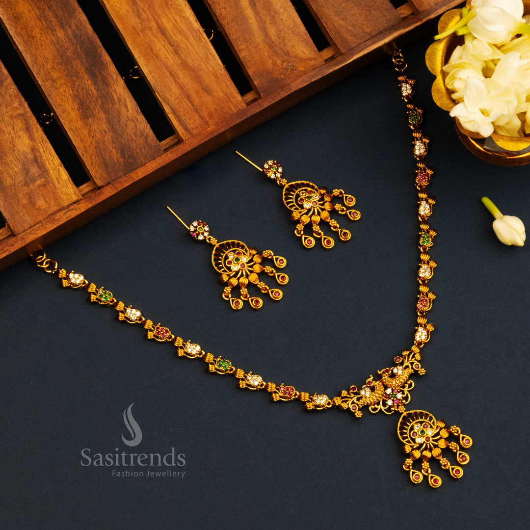 Matte Gold Temple Peacock Necklace Set with Earrings with AD Stones - Sasitrends